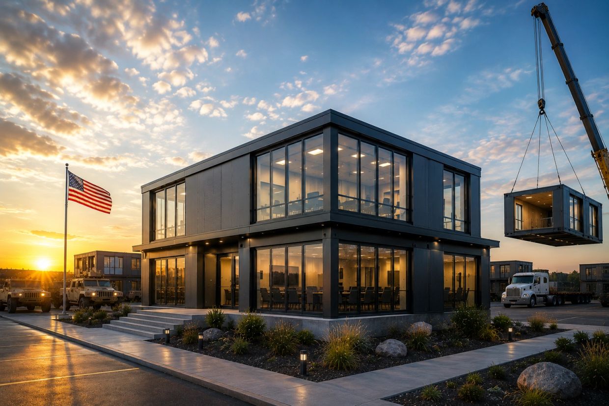 Modern modular building construction at sunset with American flag.
