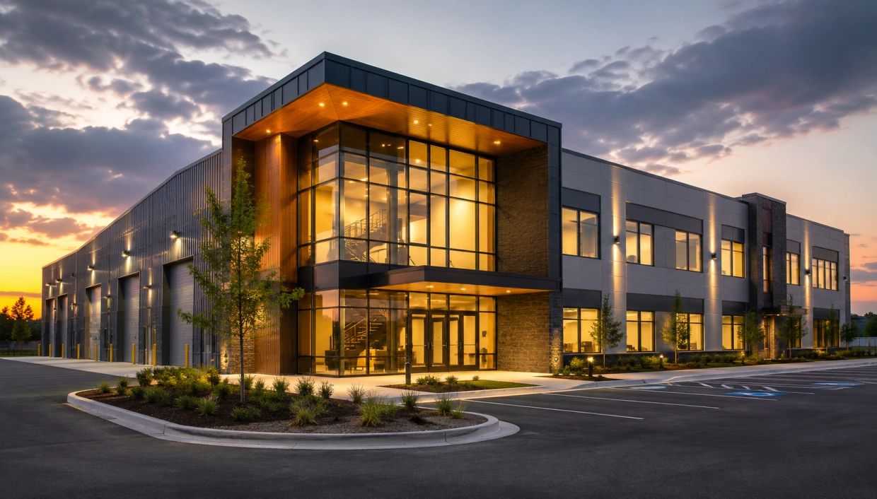 A modern commercial building at sunset with illuminated windows.
