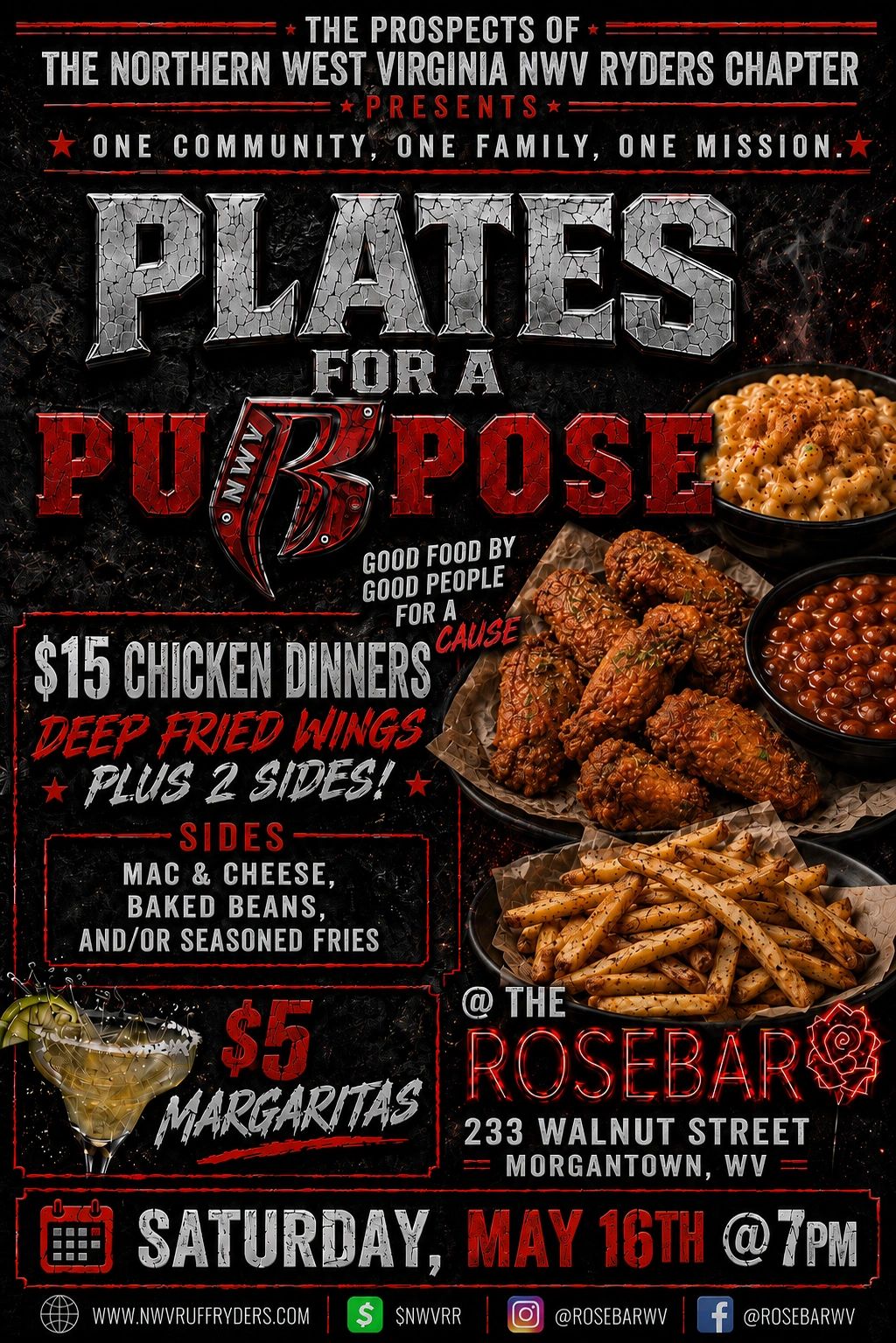 Flyer for Plates for a Purpose chicken dinner event with sides and margaritas at The Rosebar.