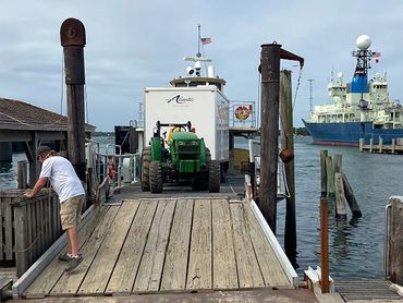 Our luxury portable restroom trailer on boat heading to Nantucket, MA