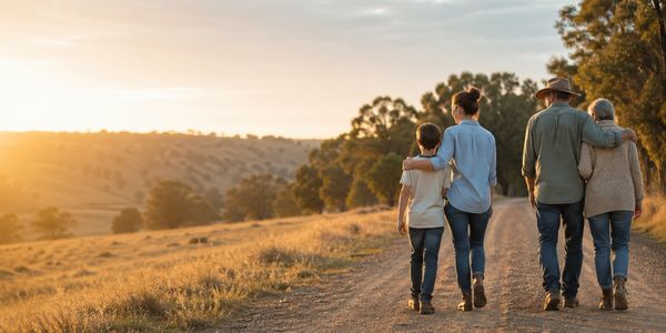 A family walks together on a dirt road during sunset in a rural area.