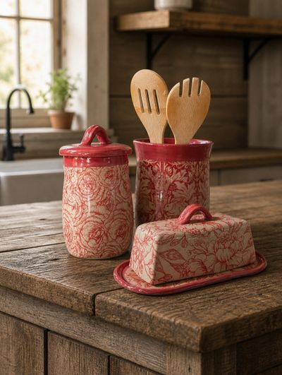 Red floral ceramic kitchen containers and wooden utensils on a rustic wooden countertop.