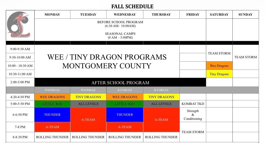 Montgomery County Wee/Tiny Dragon Programs weekly fall schedule with before and after school activities.