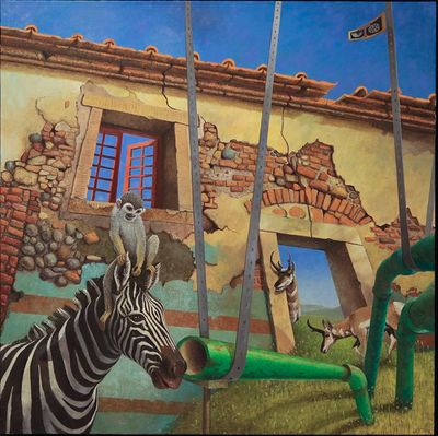 Oil painting of wild animals in front of a ruined building