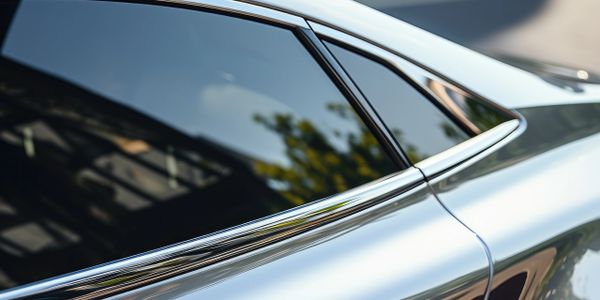 Close-up of a sleek car window and chrome trim reflecting surroundings.