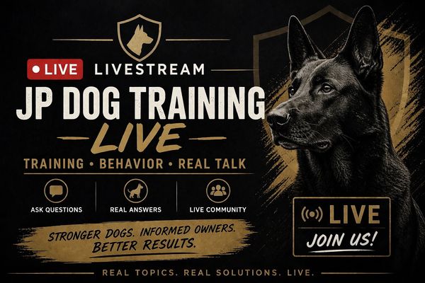JP Dog Training LIVE livestream membership promoting real-time coaching, behavior guidance, and live