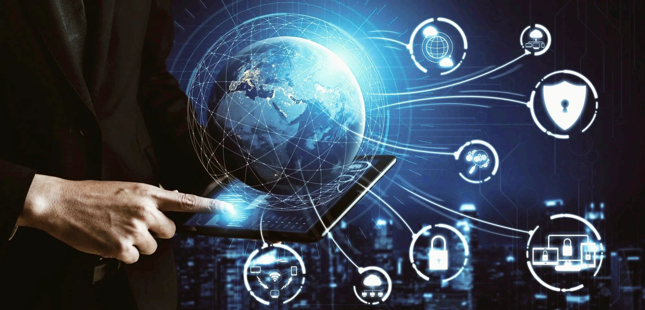 A person interacts with a tablet displaying a digital globe and cybersecurity icons.