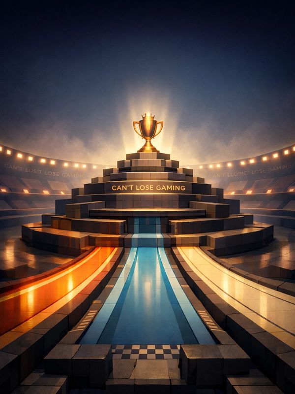 Glowing trophy atop a tiered podium labeled 'CAN'T LOSE GAMING' in a futuristic arena.