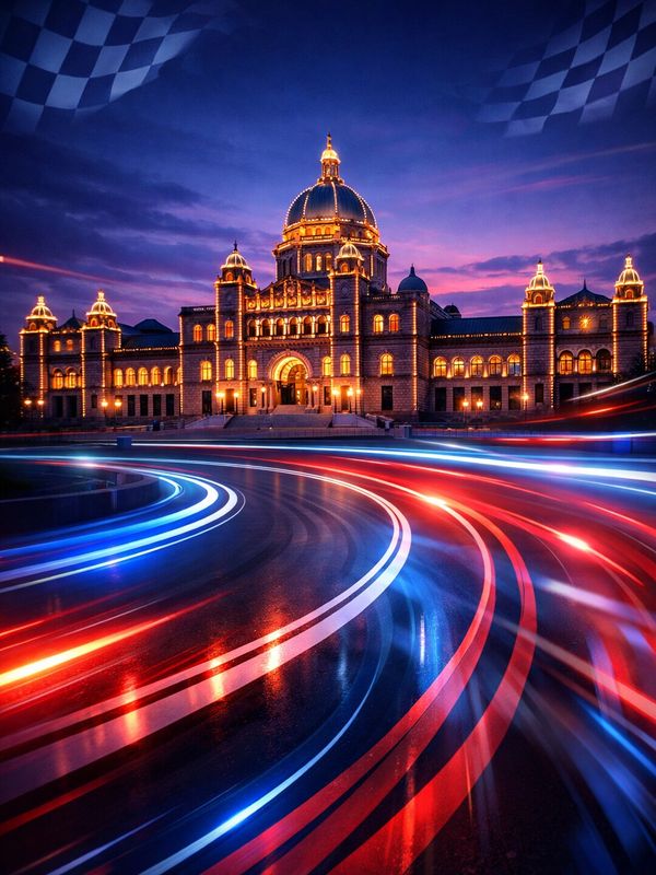 Illuminated historic building with curved light trails at twilight.