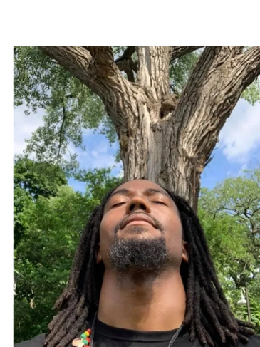 Man with dreadlocks meditating under a large tree on a sunny day.