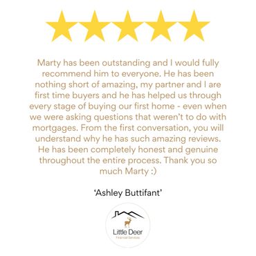 Five-star review praising Marty's outstanding help with first-time home buying.