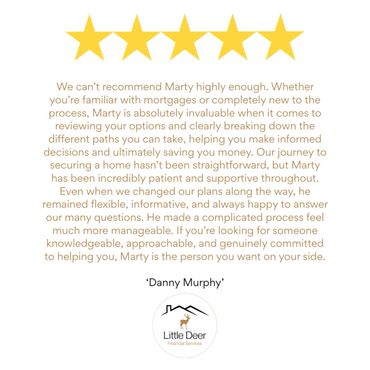 Five-star review praising Marty for expert mortgage advice and support throughout the home-buying process.