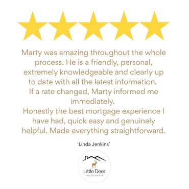 Five-star review praising Marty's friendly, knowledgeable, and helpful mortgage service.
