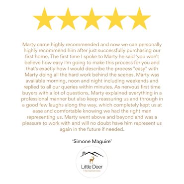 Five-star testimonial praising Marty for exceptional home buying support.