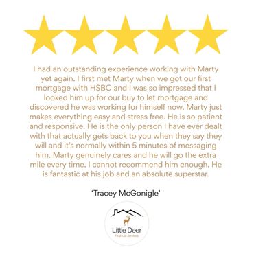 Five-star testimonial praising Marty for exceptional mortgage services and responsiveness.
