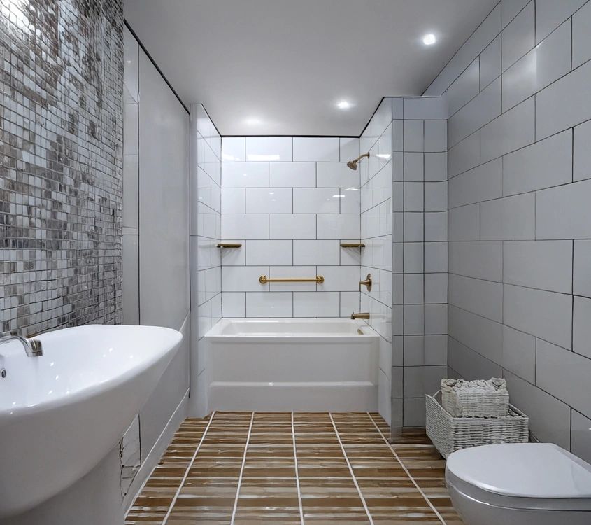 Modern bathroom with white tiles and wood-patterned floor.