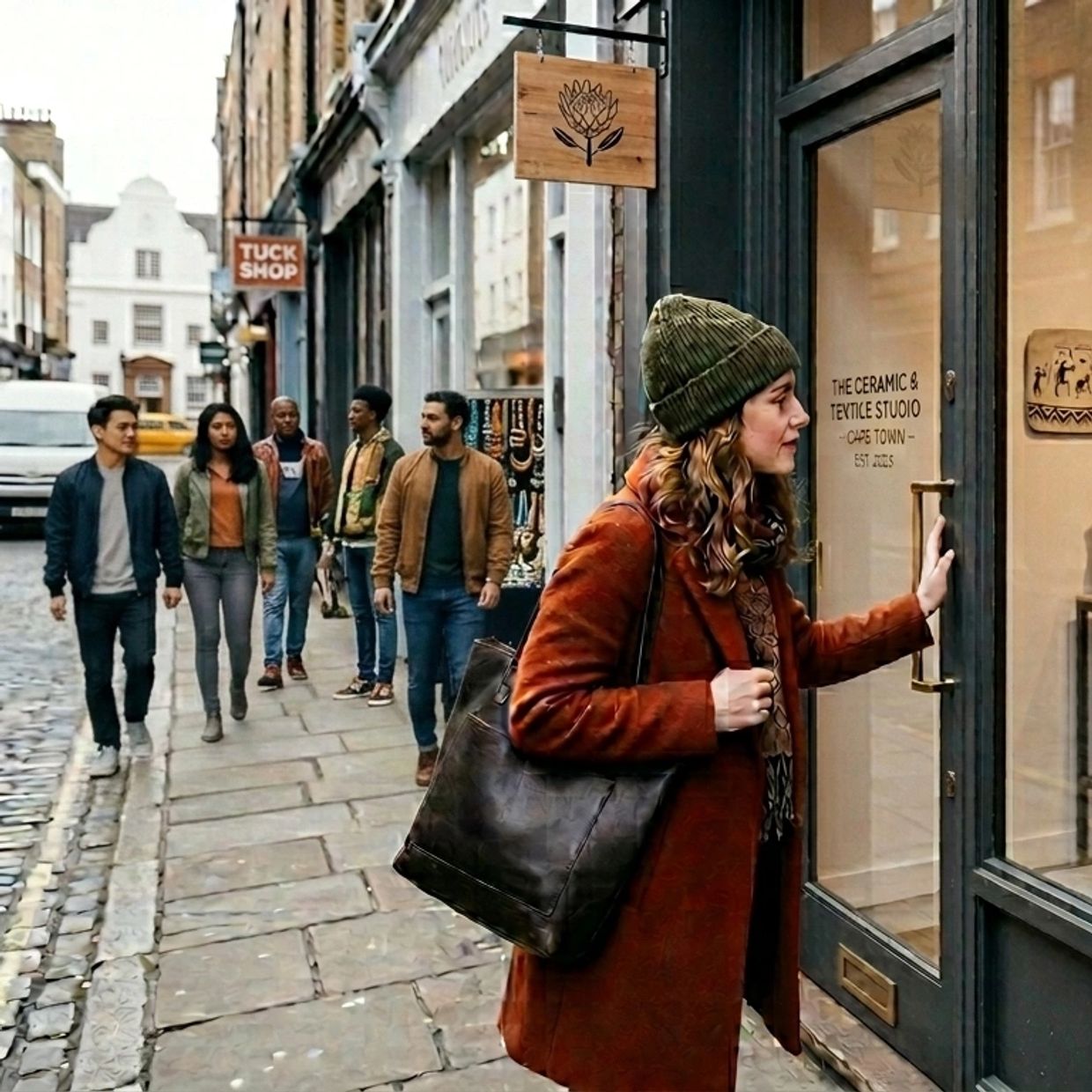 A woman in a brown coat and green beanie opens a door to a ceramic and textile studio.