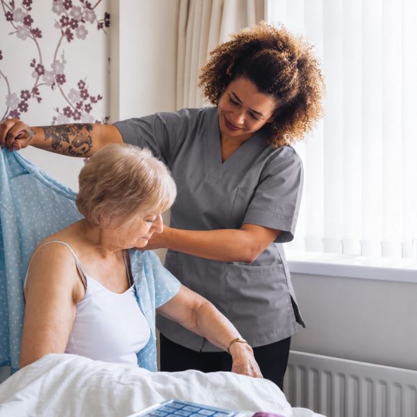 Caregiver helping elderly woman put on a blue robe.