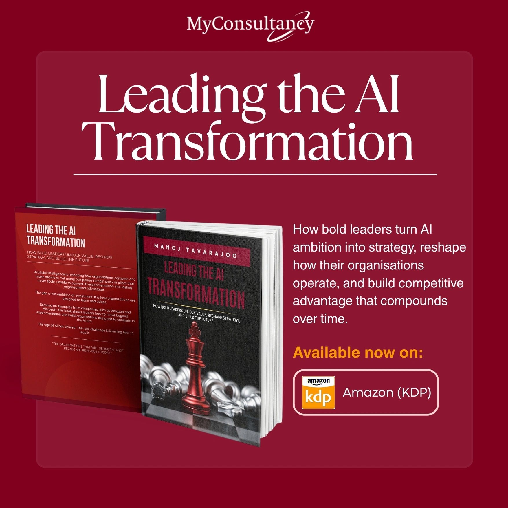 Book titled 'Leading the AI Transformation' by Manoj Tavarajoo with chess piece imagery.