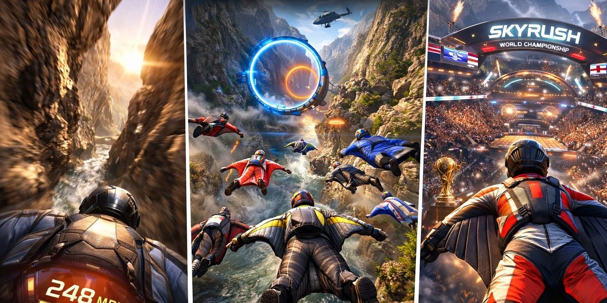 Thrilling wingsuit races in SkyRush across canyons and arenas.