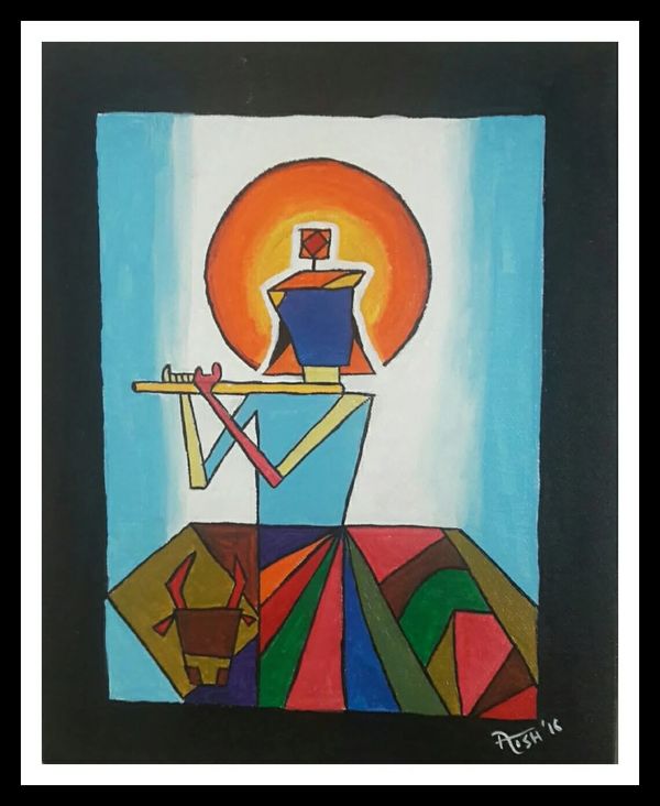 Abstract geometric painting of a figure playing a flute with a radiant orange halo.