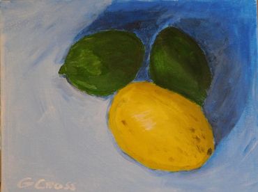 Lemon and 2 Limes - acrylic on 8 x 10 artist quality canvas panel. A painting of lemon and limes.