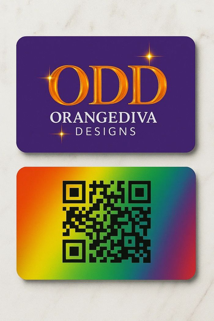 front of card Purple background with orange letters. the company name in white letters.