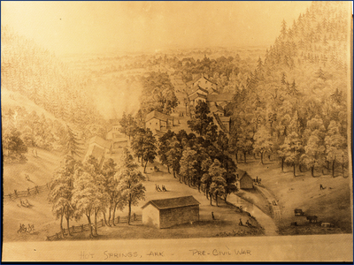 Historical sketch of Hot Springs, Arkansas, pre-Civil War era showing buildings and wooded hills.
