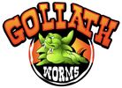 Goliath worm logo with cartoon horn worm on the middle Goliath on top and worms in bottom