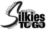SilkiesToGo silkworm logo black and white with cartoon style silkworms on letters