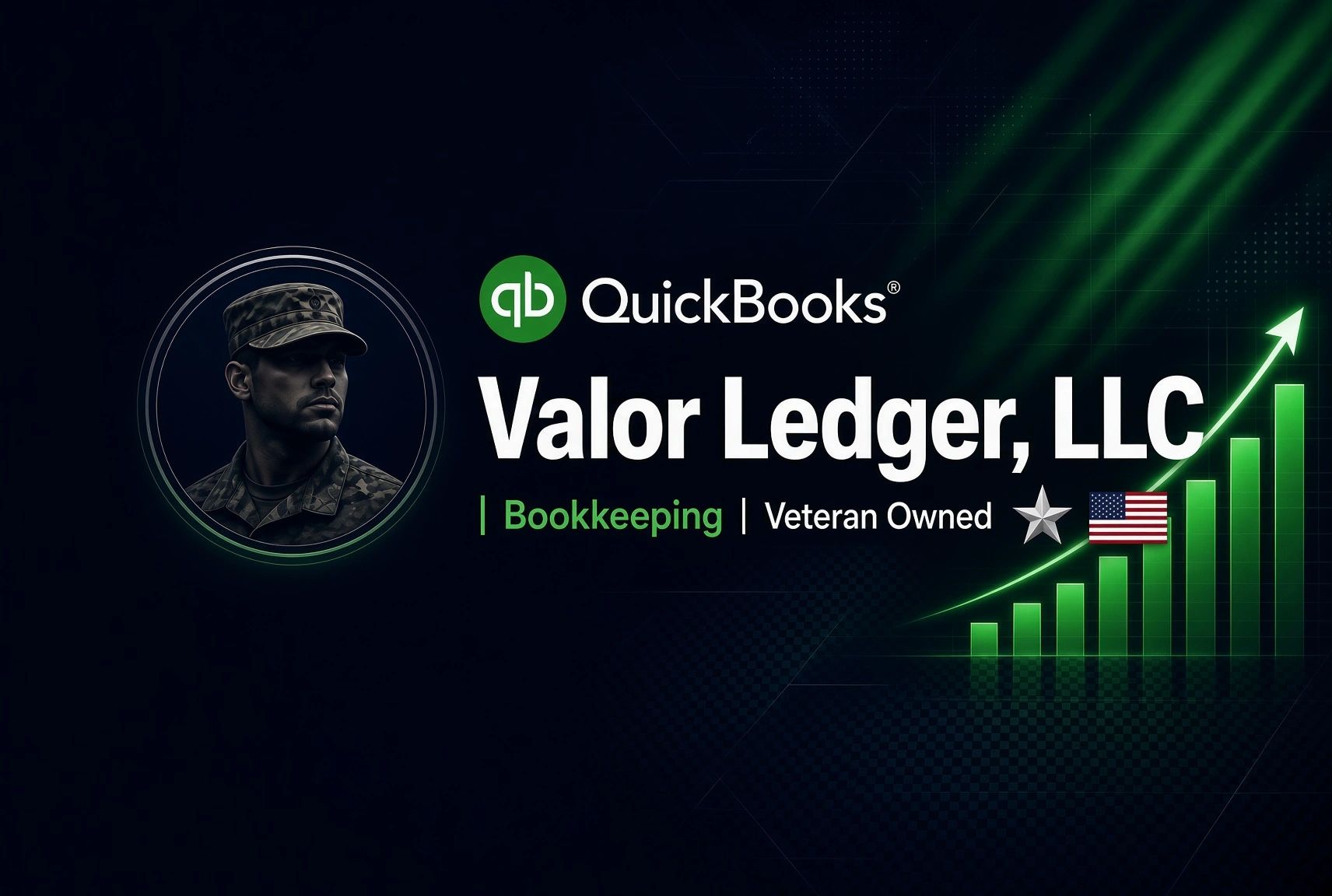 Valor Ledger LLC bookkeeping, veteran owned, QuickBooks affiliated, growth chart.