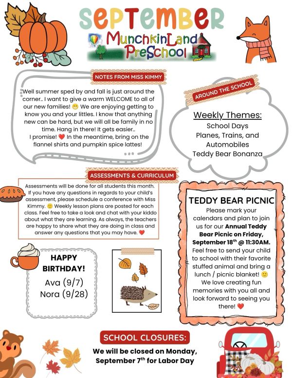 September newsletter for MunchkinLand Preschool with updates and events.