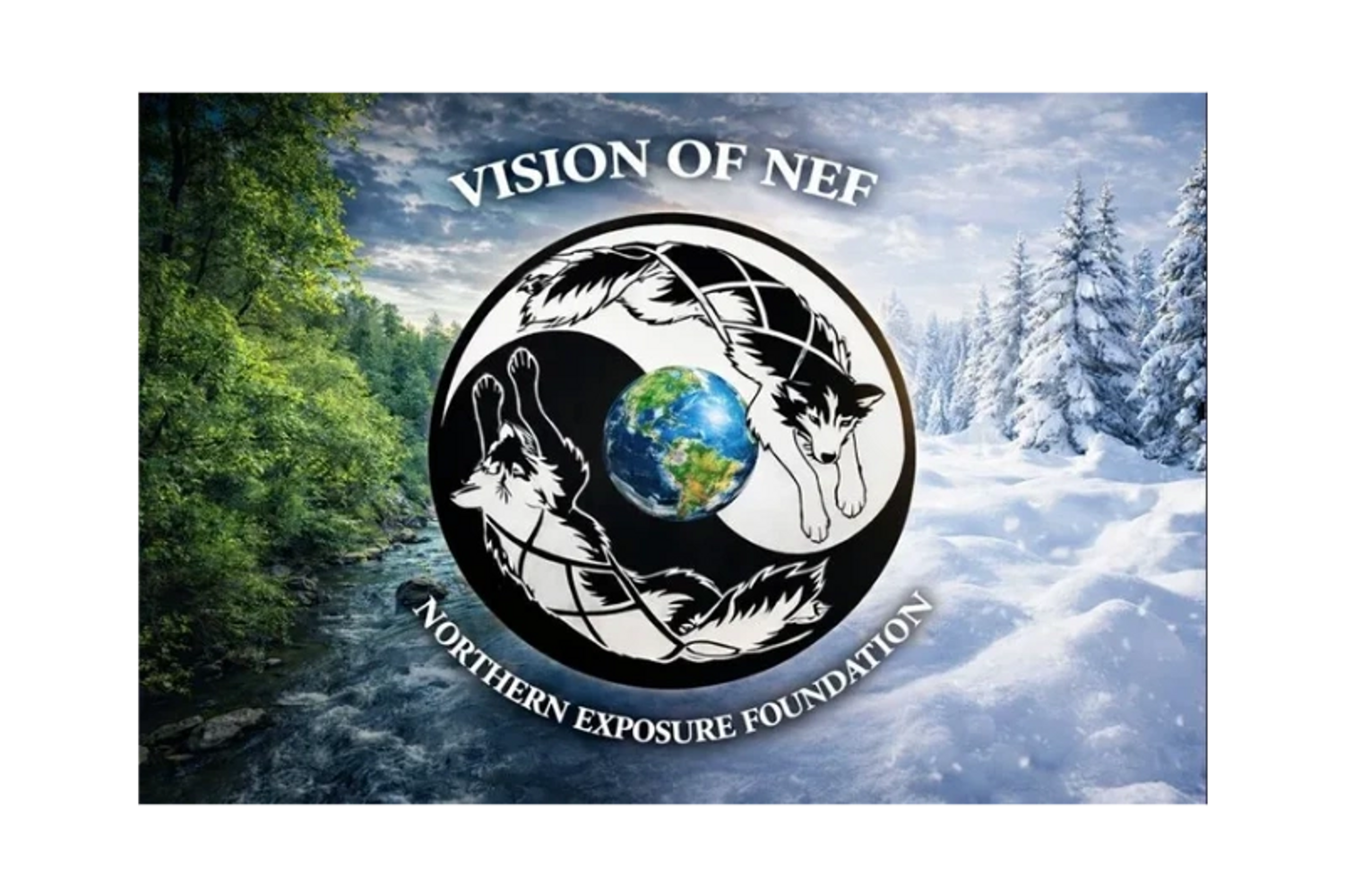 Yin-yang style logo with two sled dogs circling the Earth between a green forest and a landscape.