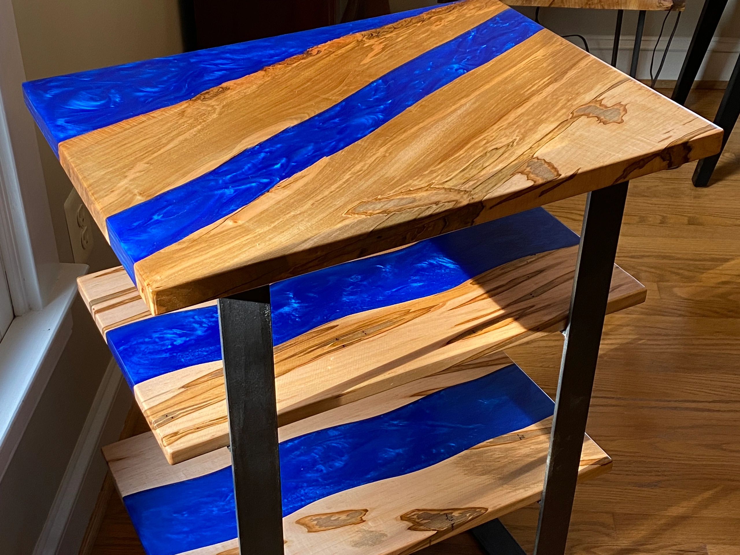 Ambrosia maple and blue epoxy resin nightstand/side/hall table and reclaimed steel legs.