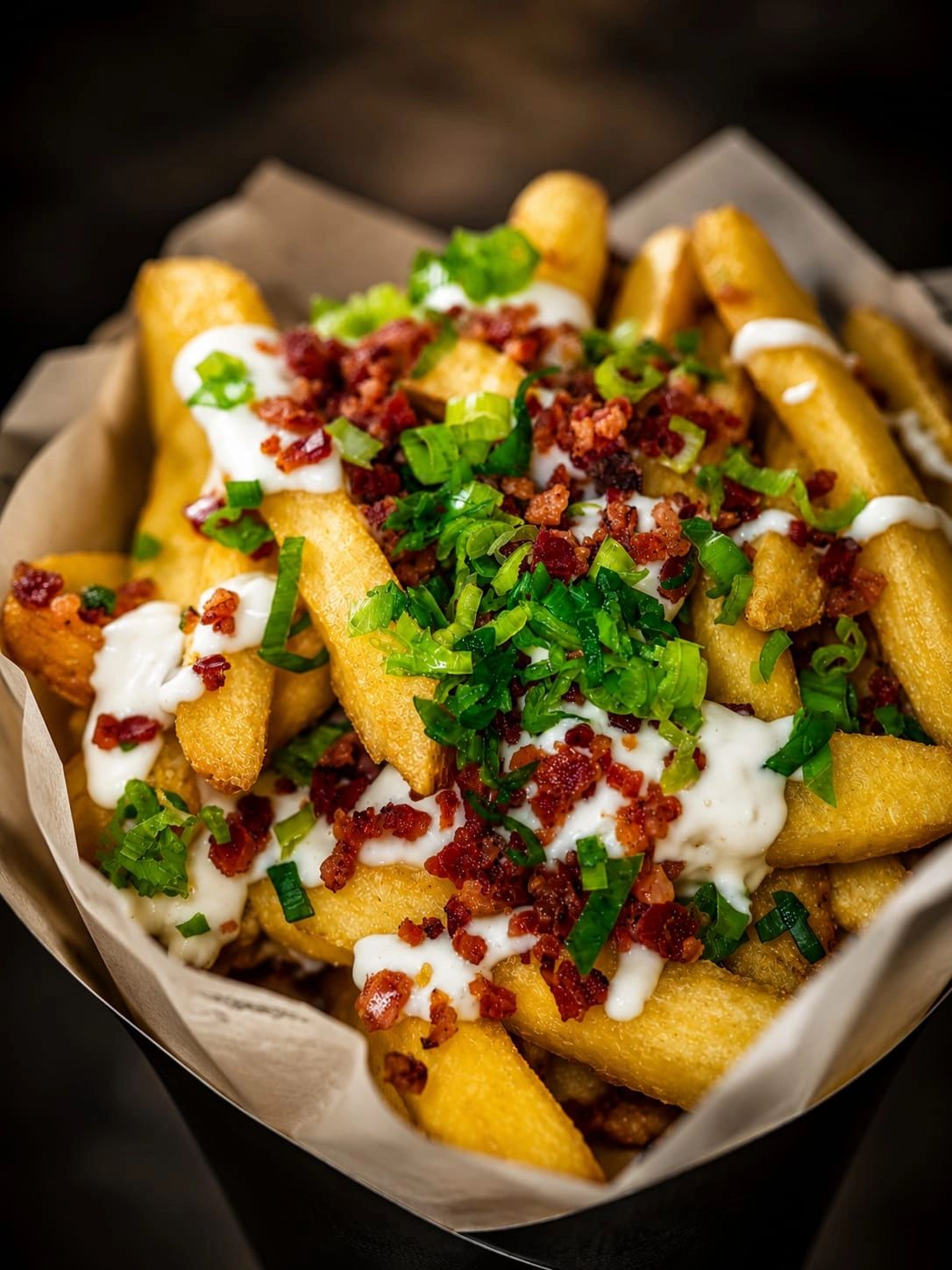 Papas belgas con toppings de tocino y cebollino