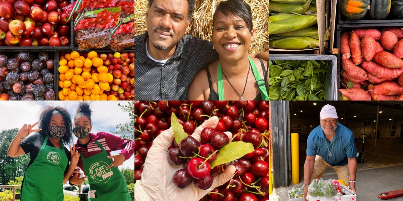 A landscape-oriented collage of 6 photos. The photos show staged produce and employees smiling.