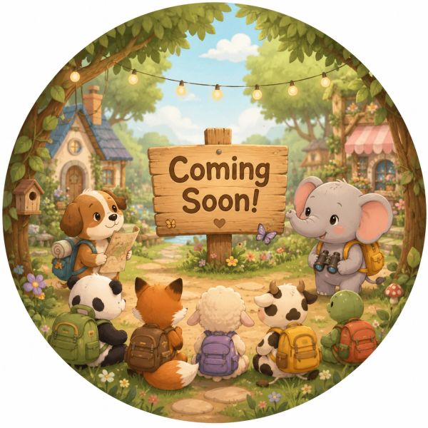 Cute animals with backpacks around a 'Coming Soon!' sign.