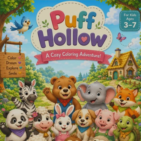 Cute animals gather for a cozy coloring adventure in Puff Hollow.
