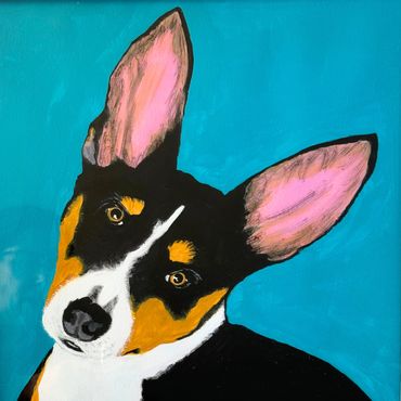 close up painting of a dog with very large ears