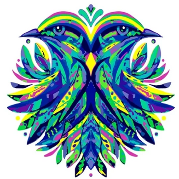 An optical illusion of one bird or two in bright colors and feather-like shapes.