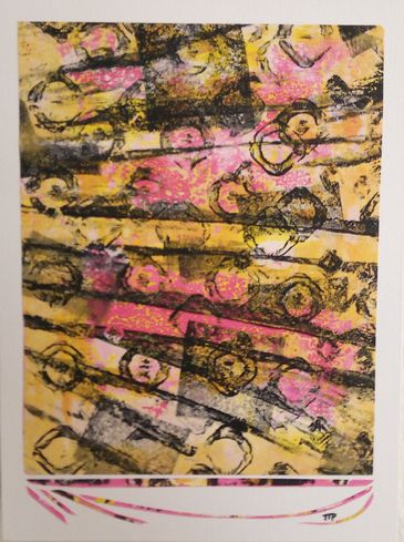 Gel print on cradled wood panel in white, pink, yellow, black by artist Tina Pare