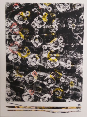 Gel print on cradled wood panel in white, pink, yellow, black by artist Tina Pare