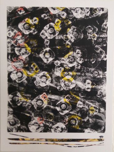 Gel print on cradled wood panel in white, pink, yellow, black by artist Tina Pare