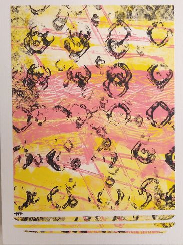 Gel print on cradled wood panel in white, pink, yellow, black by artist Tina Pare