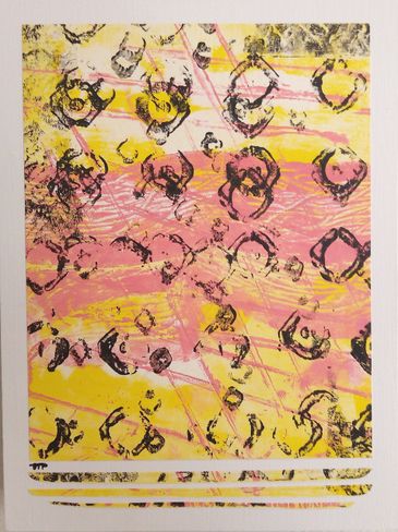 Gel print on cradled wood panel in white, pink, yellow, black by artist Tina Pare
