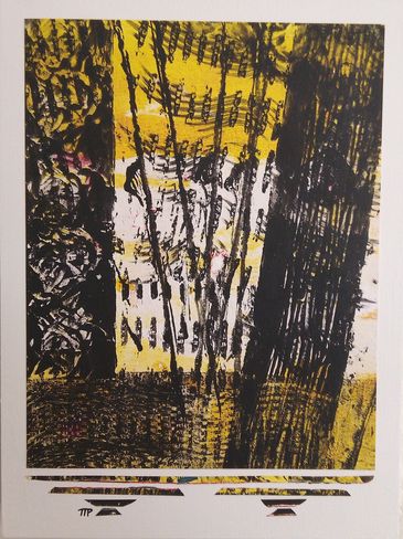 Gel print on cradled wood panel in white, green, yellow, black by artist Tina Pare