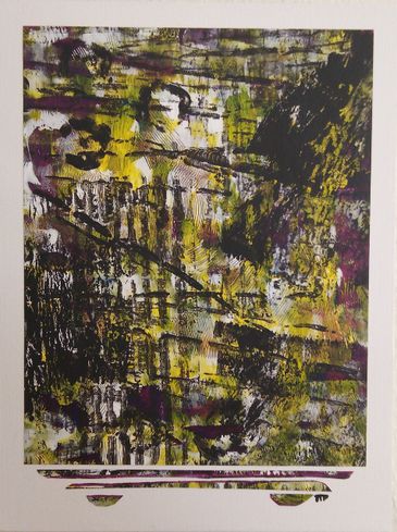 Gel print on cradled wood panel in white, green, yellow, purple, black by artist Tina Pare