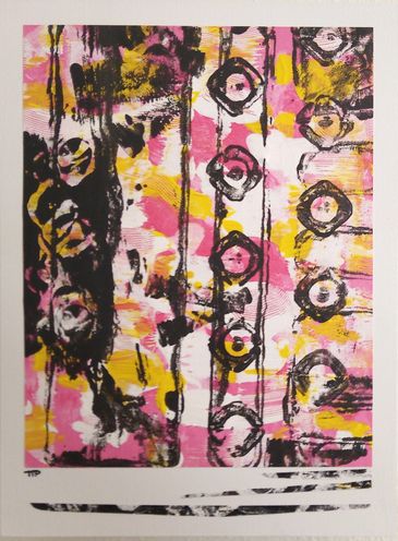 Gel print on cradled wood panel in white, pink, yellow, black by artist Tina Pare