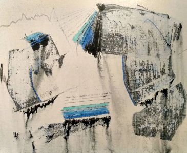 Abstract painting titled Meat Grinder and Accessories in white, blues, and black by artist Tina Pare