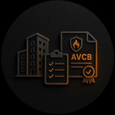 3D icon of a building, checklist, and AVCB fire safety certificate with glow.